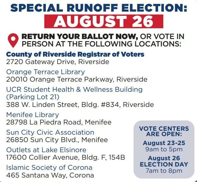 ⏳ 4 Days Until Election Day! — August 26, 2025 ⏳
Didn't receive a ballot? Lost or mismarked yours? No problem!
🗳 Visit a Vote Center this weekend and you'll be given a new ballot to complete. All Vote Centers are now open from 9AM to 5PM da