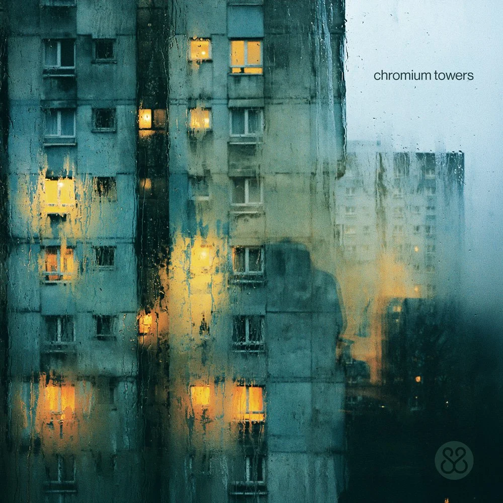 Cover artwork for Simon Shackleton’s “Chromium Towers”, showing rain-soaked concrete apartment towers with warm lights glowing through windows at dusk.