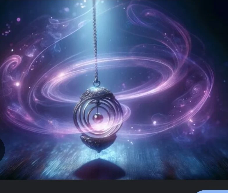 A metallic pocket watch suspended from a chain, surrounded by glowing, swirling purple and pink cosmic light patterns in a fantasy or sci-fi setting. Clearing and protecting your energy in Paducah, Kentucky at Healing and Gift Emporium