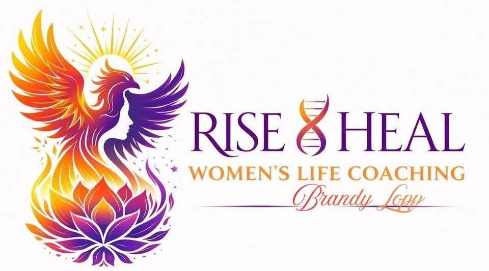 Colorful logo featuring a phoenix rising from a lotus flower with the words 'Rise & Heal Women's Life Coaching Brandy Lopp' and a DNA strand icon.