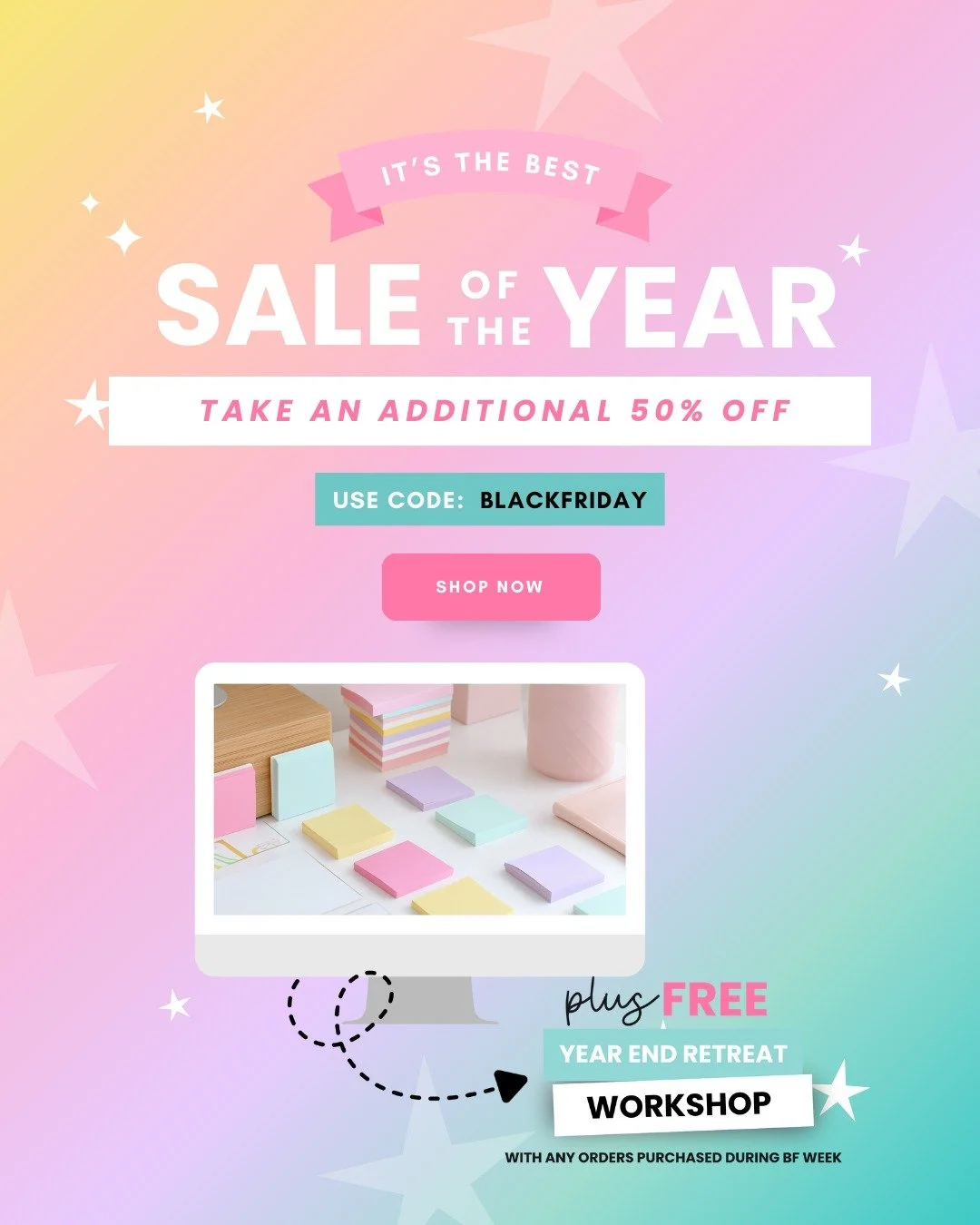 Black Friday Starts Today at 12PM Eastern! 🛍 Take an additional 50% OFF sale items in the new 🌴 Productive Paradise Shop. Plus grab your ticket to the new 🎟 Year End Reset Retreat Workshop LIVE Event &amp; Replay happening later in December - your