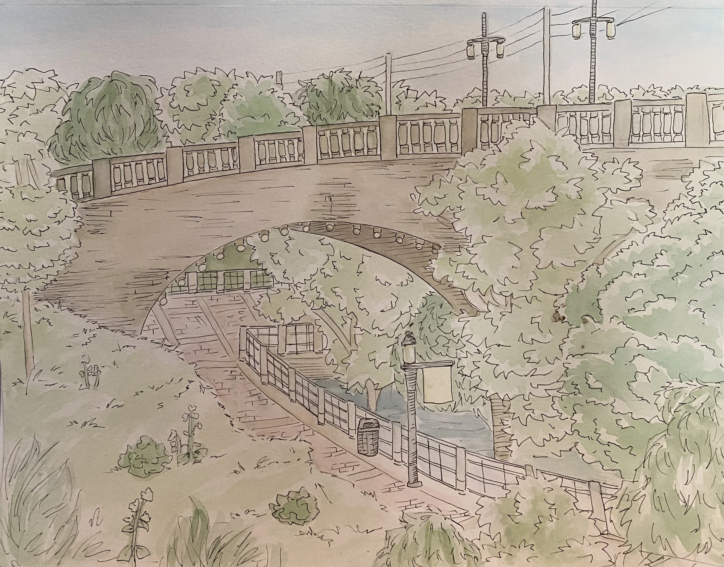 Riverwalk, 2021, Watercolor and Ink on Paper