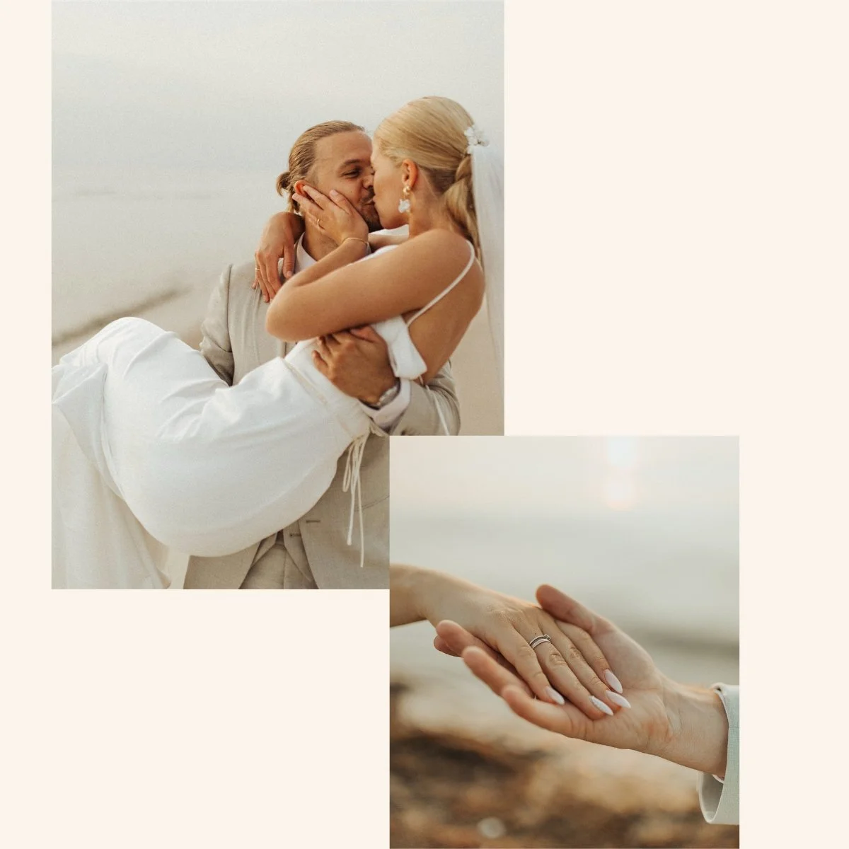 Ein Brautpaar beim Kuss am Strand mit kontaktierter Hand auf dem Meer. Hochzeitsszene mit Fokus auf Hände und Liebe.
