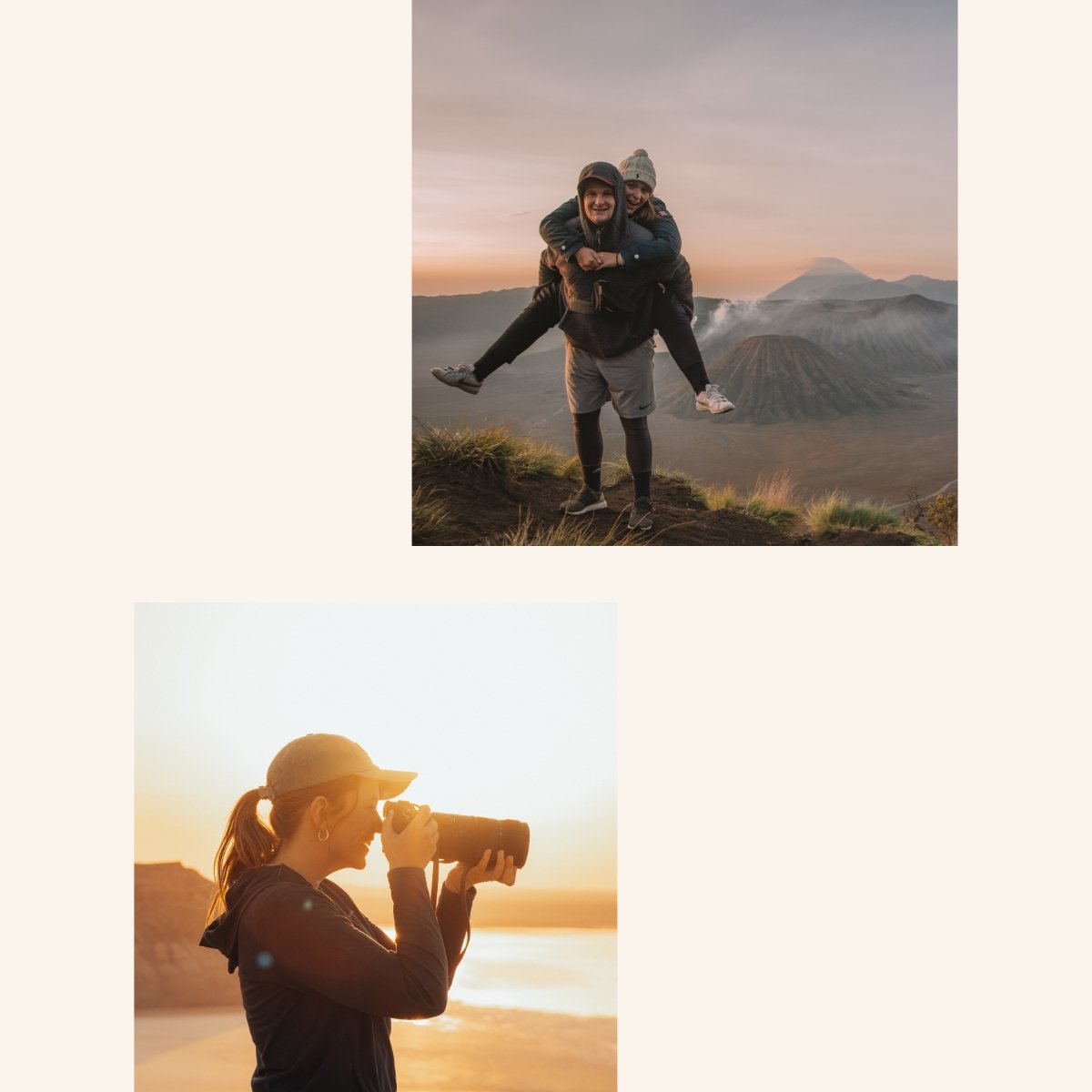 Oben: Zwei Menschen beim Wandern in einer Vulkanlandschaft bei Sonnenuntergang, einer trägt den anderen auf den Schultern, beide lachen. Unten: Eine Frau beim Fotografieren am Strand, Sonnenuntergang im Hintergrund.