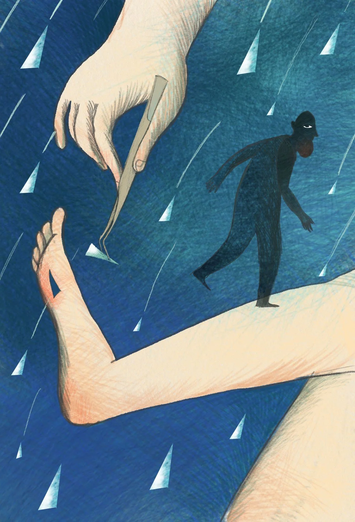 a hand removes a splinter from a foot while a shadow of a man walks away