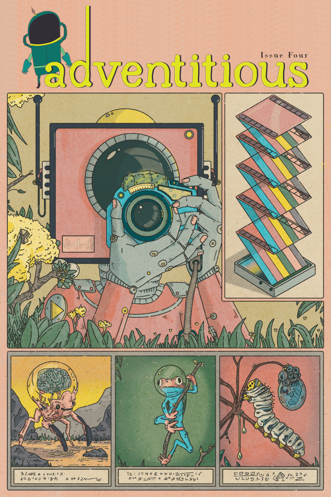 Cover image: adventitious; a person with a camera for a head points a camera at the viewer, other creatures wear astronaut-style clear helmets and face the viewer