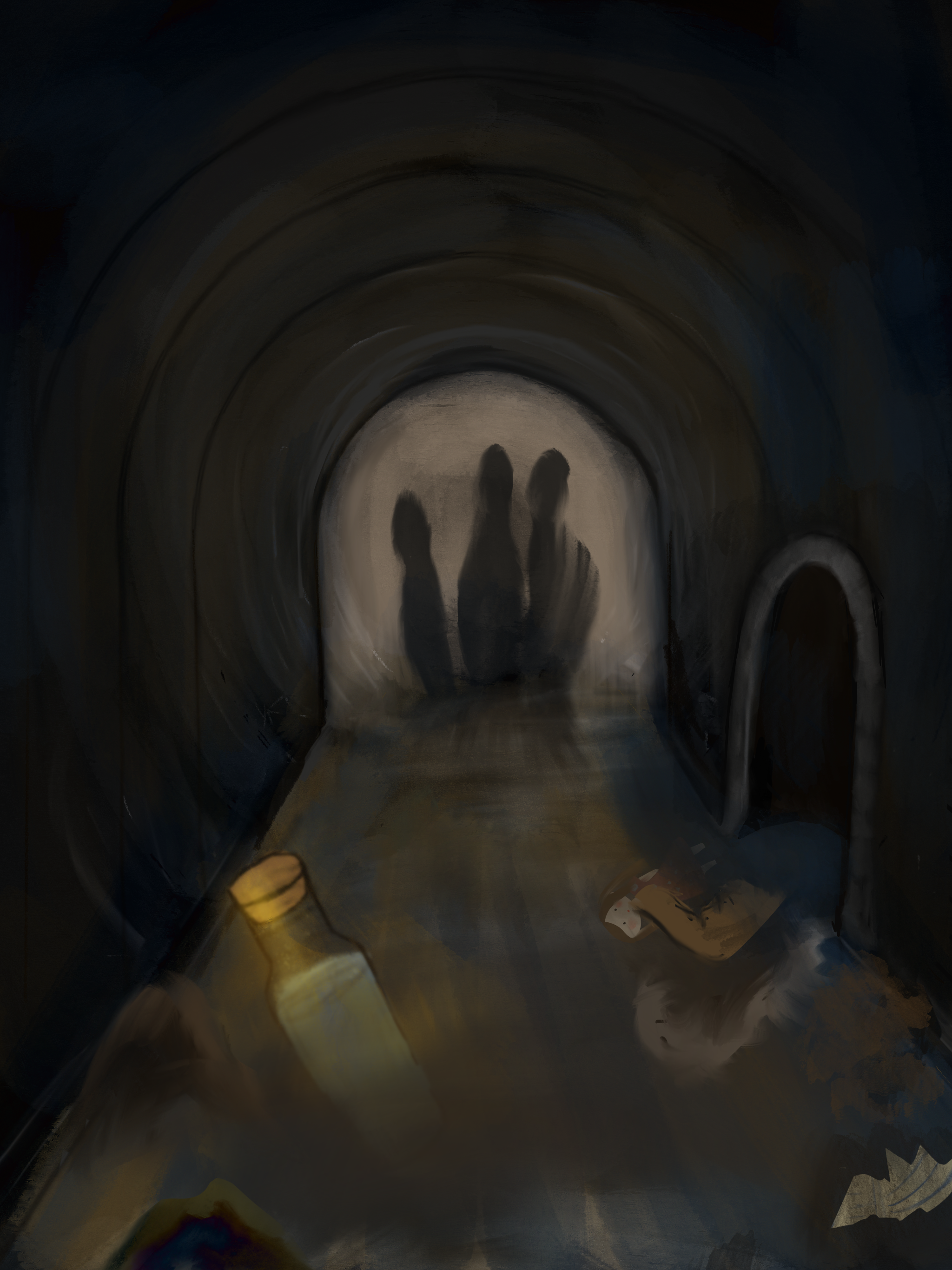 Three silhouettes look on as a water bottle floats in a sewer