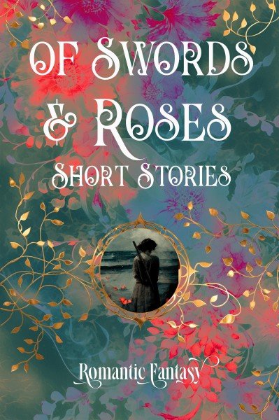 Cover Image: Of Swords and Roses; Short Stories; Romantic Fantasy; on a gold leaf and multicolor abstract background.