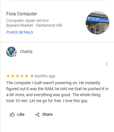 Screenshot of a Google review for Charbz, a computer repair service at Byward Market, Parliament Hill. The review is five stars, praising the technician for fixing a computer that was not powering on and completing the repair quickly.
