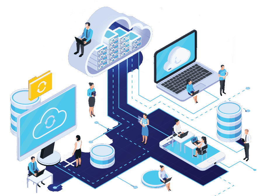 Illustration of cloud computing and data storage, showing people working with servers, laptops, and cloud icons connected by digital lines.