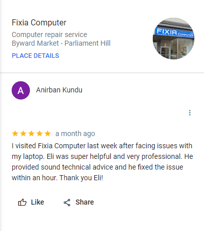 Screenshot of a Google review for Fixia Computer, a computer repair service located on Parliament Hill, with a profile picture of the store and a one-star review praising the helpful and professional service.