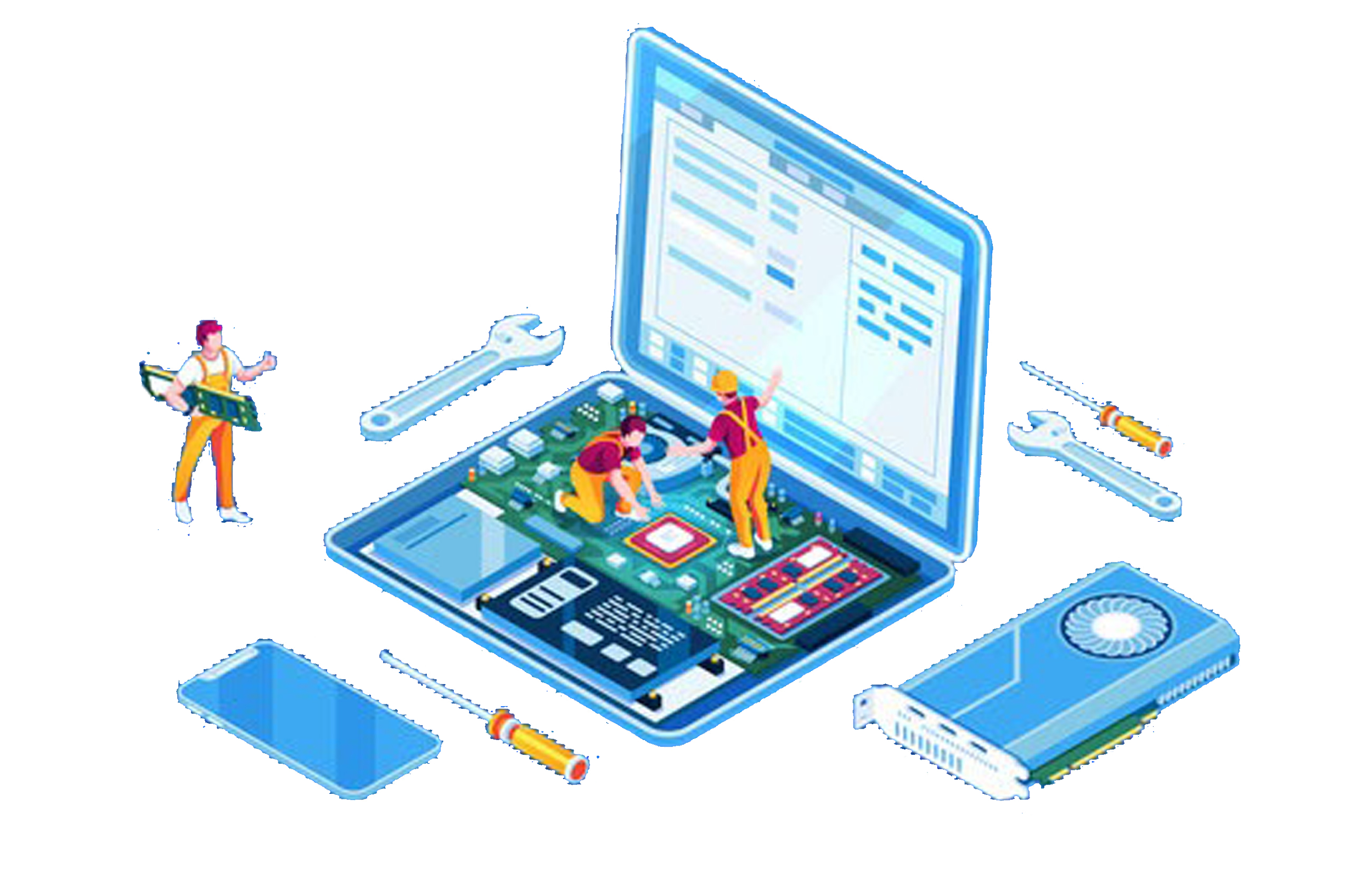 Illustration of miniature construction workers repairing a smartphone circuit board, with tools and a large open laptop.