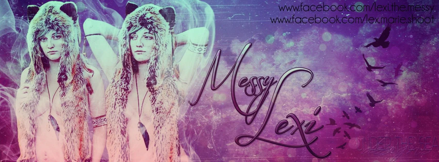 A photo-scratched background of dark and light purple hues is topped with a duo of stylized maternity photos of Alex B.H. in a Spirithood, stagename Messy Lexi in an elegant font, a flock of birds trailing behind. Under the Sea Design byChristina Sea