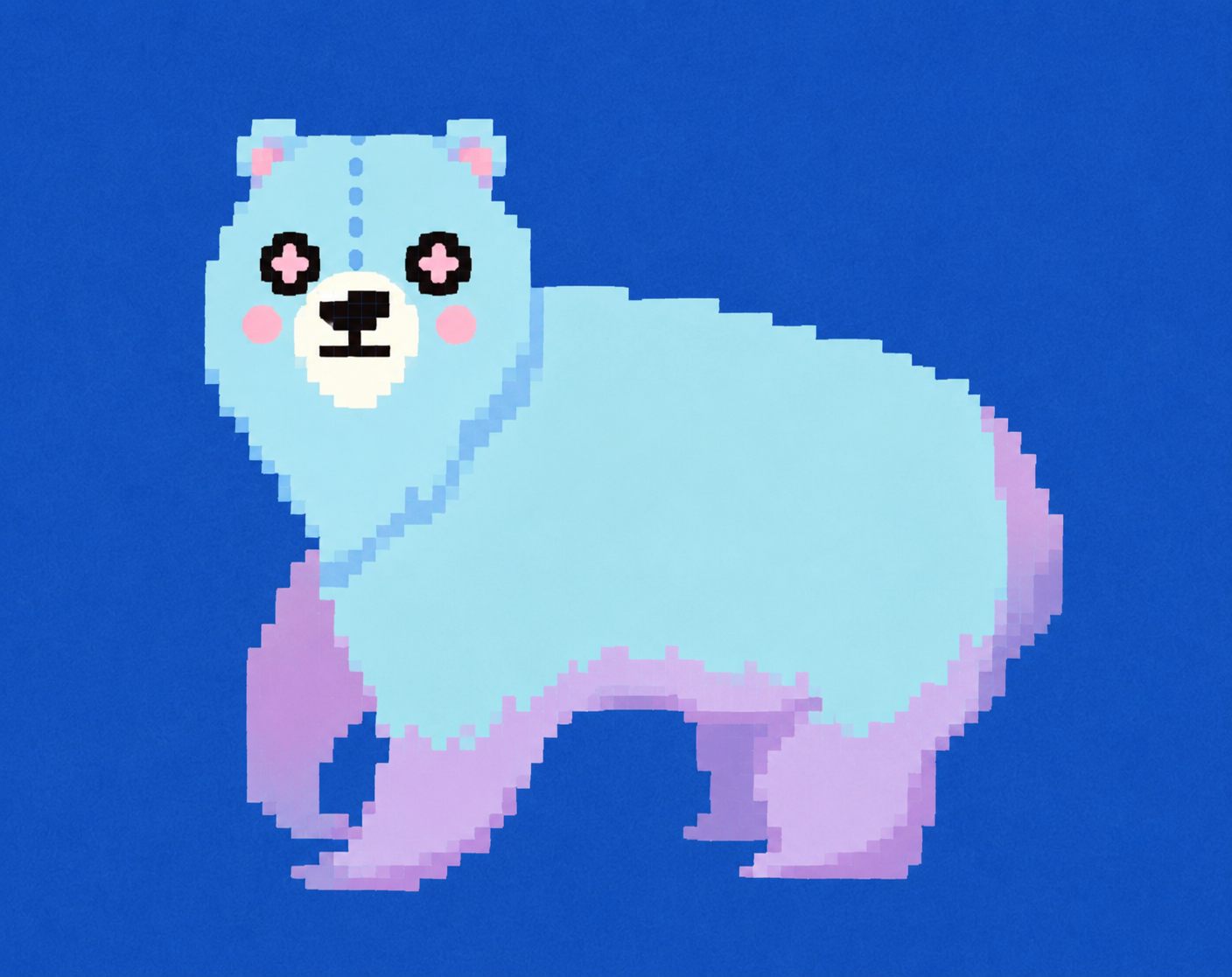 A pixel art Rizz the Grizz Cozy Creates mascot. He is light blue with pink cheeks and purple tufts against a dark blue background.