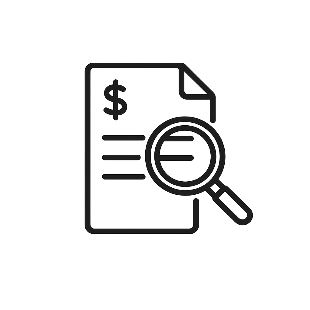 Outline of a document with a dollar sign, and a magnifying glass.