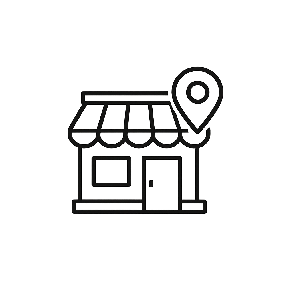Outline drawing of a small storefront with a striped awning and a location marker above it.