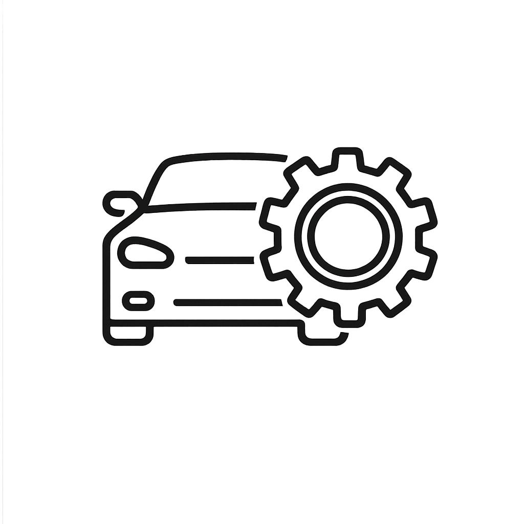 Outline icon of a car with a gear symbol, indicating car maintenance or repair.