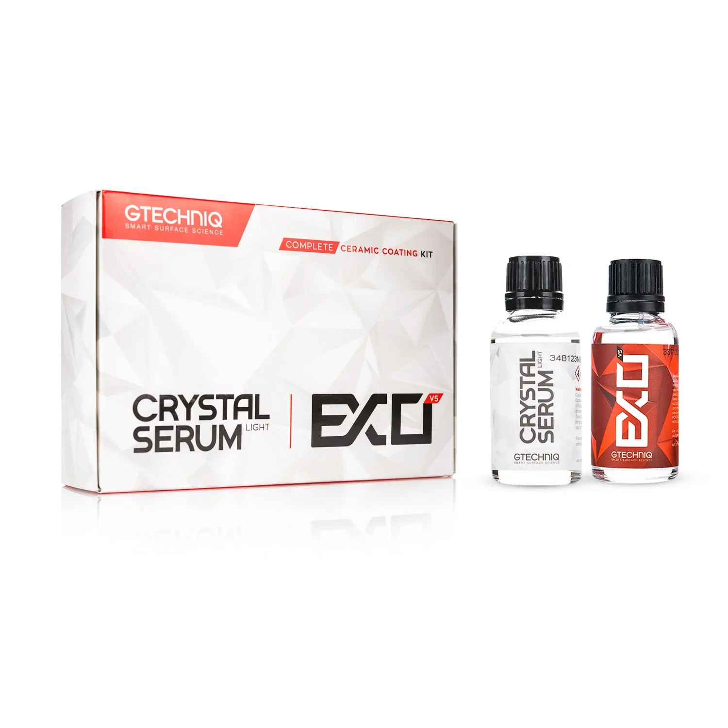 Box and bottles of GTECHNIQ Crystal Serum Light, a ceramic coating kit for car surfaces.