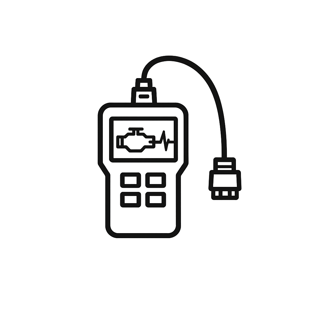 Outline of an automotive diagnostic scan tool connected to a vehicle via a cable.