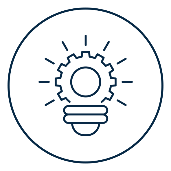 A dark blue outline of a light bulb with a gear inside and rays around it, symbolising innovation