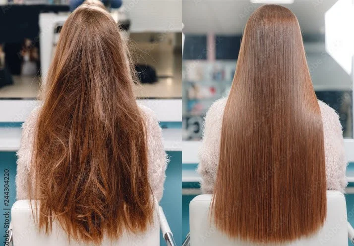 Before and after comparison of long brown hair following a keratin smoothing treatment.