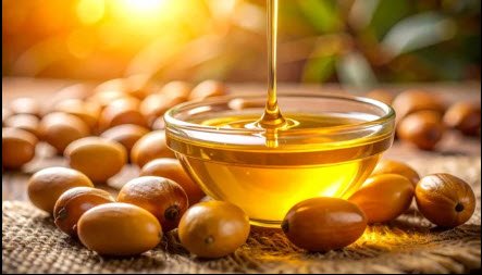 Golden argan oil poured into a glass bowl surrounded by fresh argan fruits, highlighting this natural ingredient commonly used in hair and skin care.