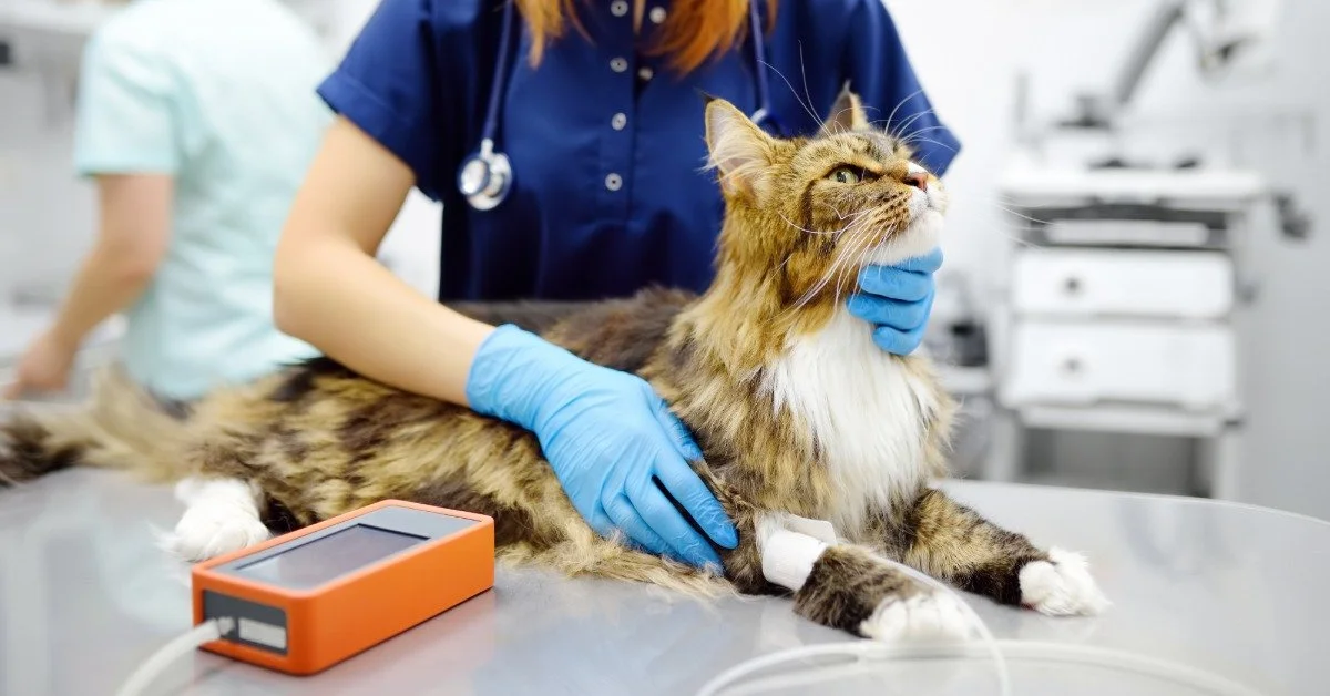 A veterinary tech is taking the blood pressure of a long-haired brown, white, and tan cat. The cuff is on the cat's leg.