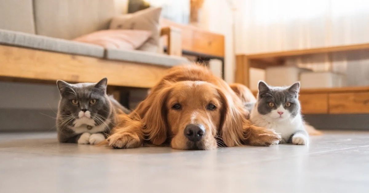An adorable dog with long red fur lies on a white-tiled floor between two gray and white cats. A couch is in the background.