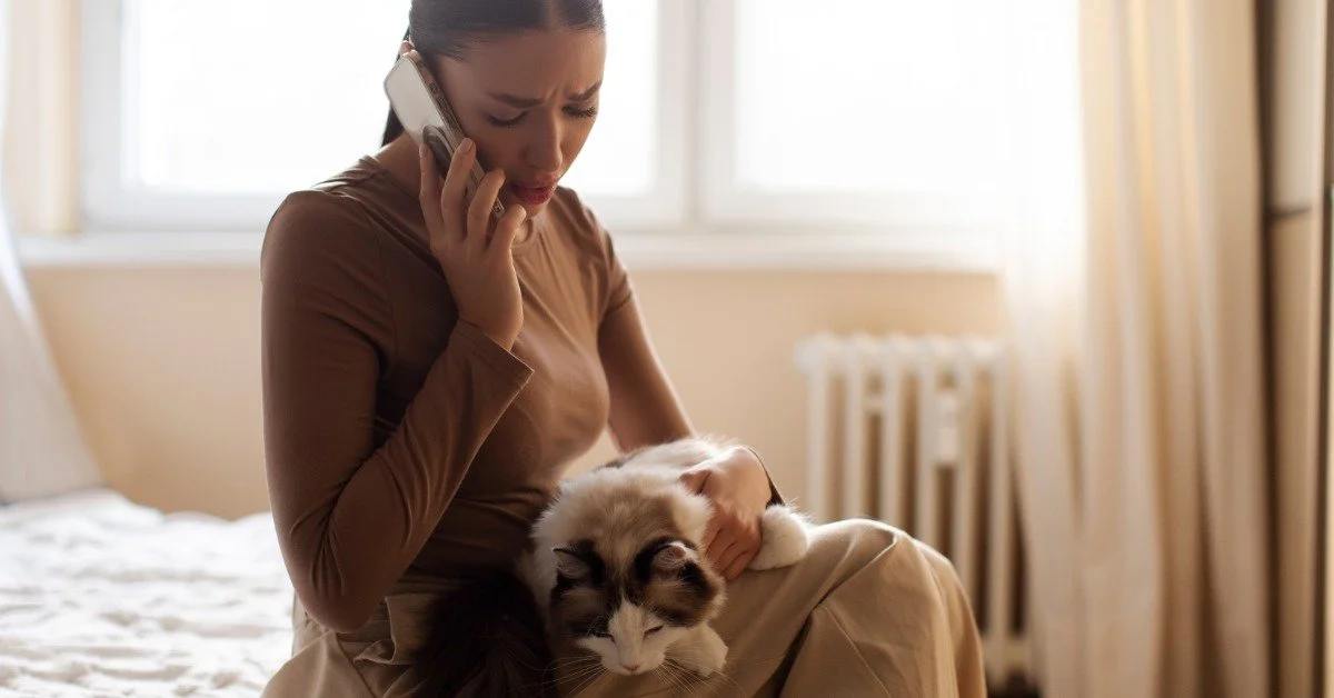A woman with a concerned look on her face sits on the edge of a bed, talking on a cellphone with a cat on her lap.