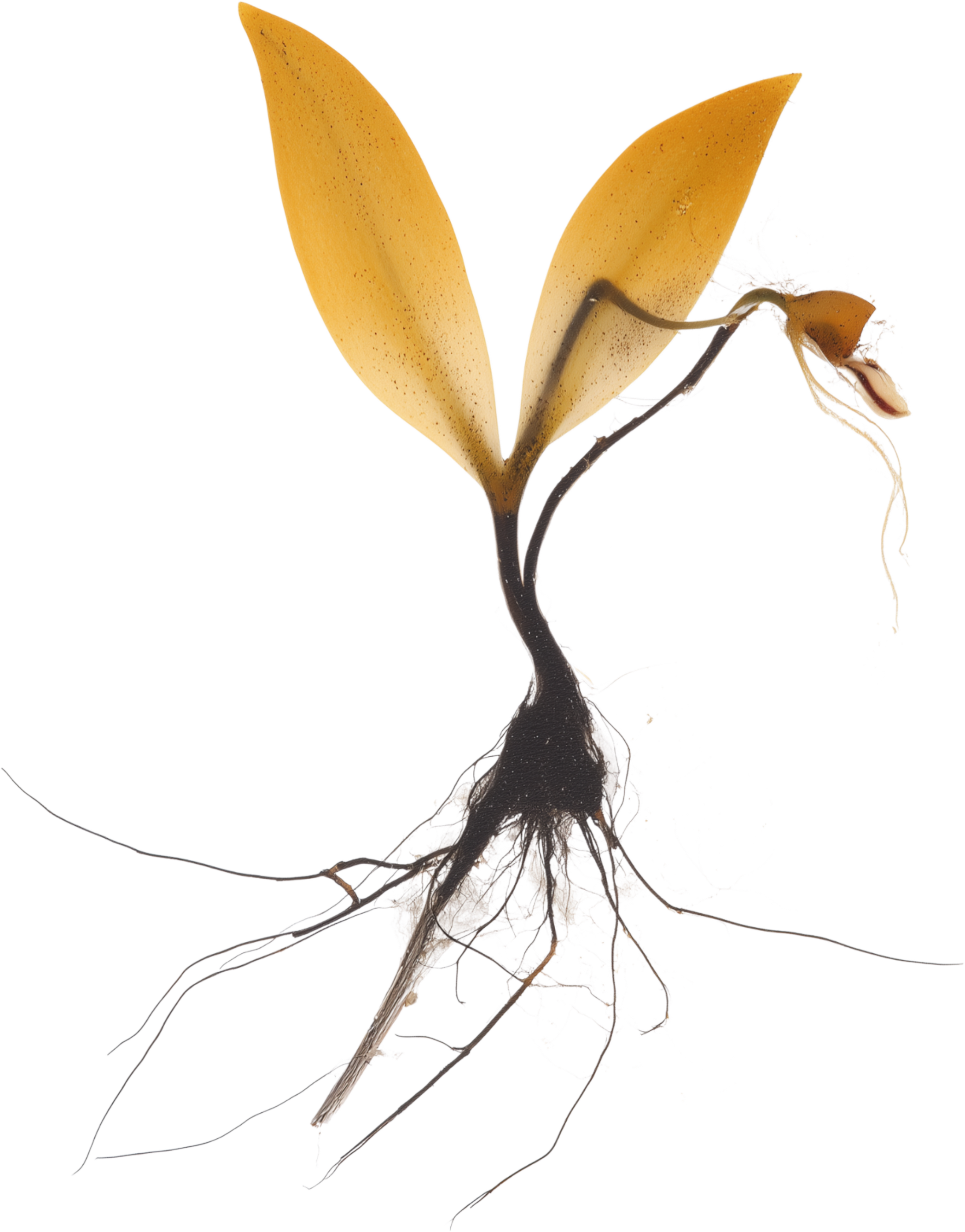 A sprouted plant with two yellowish-brown seed leaves, roots, and seed attached.