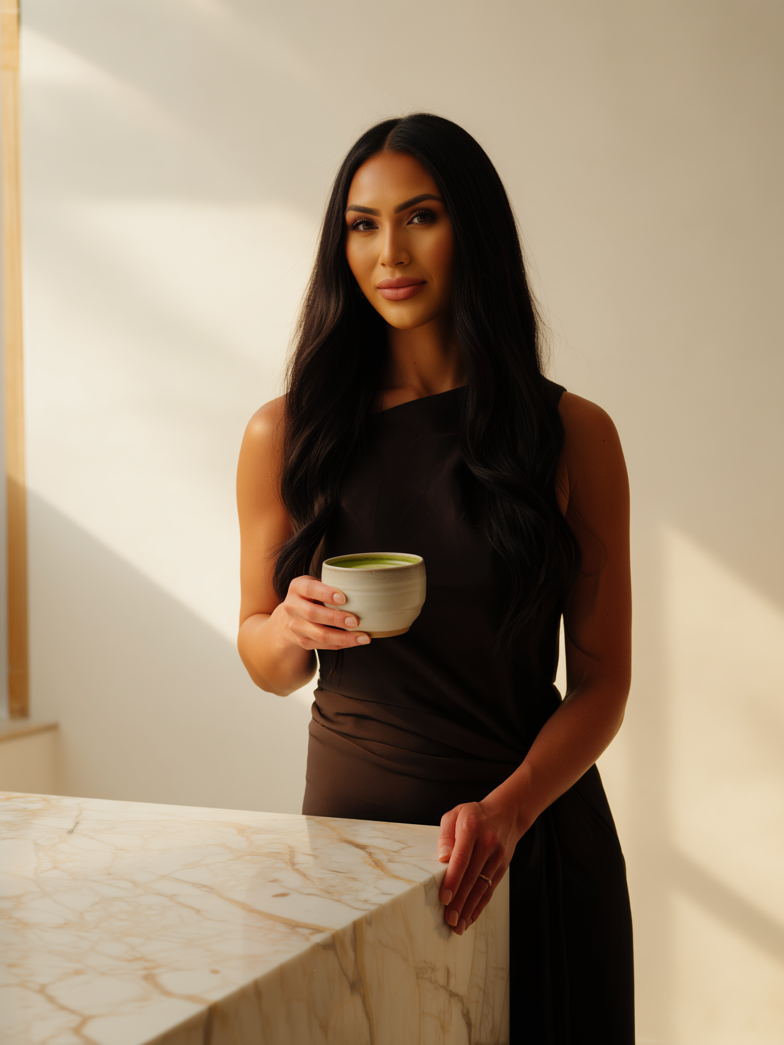 Shaykayla Smith wearing a dark brown dress holding a cup, standing near a marble countertop in a well-lit room.