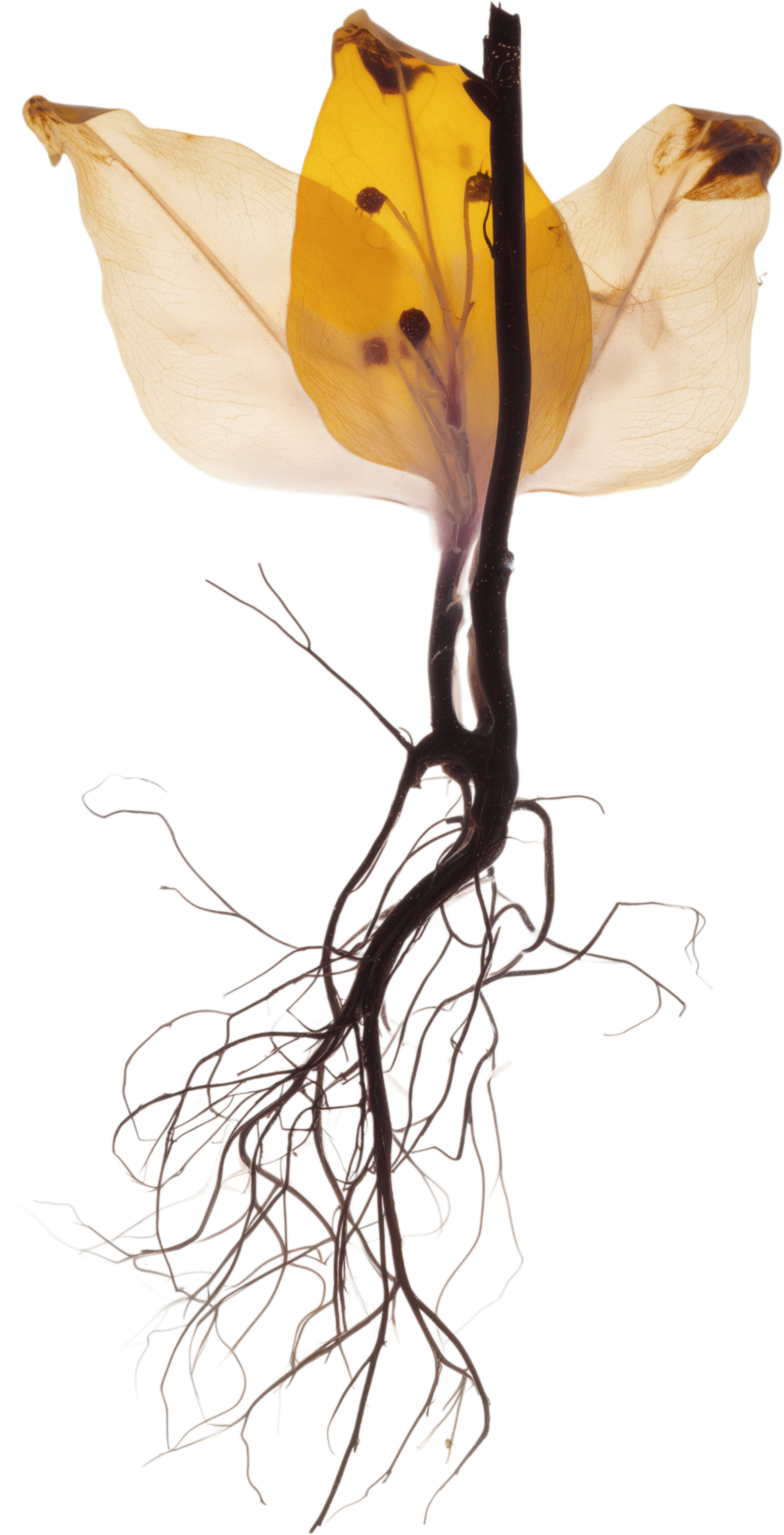 Translucent flower with yellow petals and dark stamens, showing roots below.