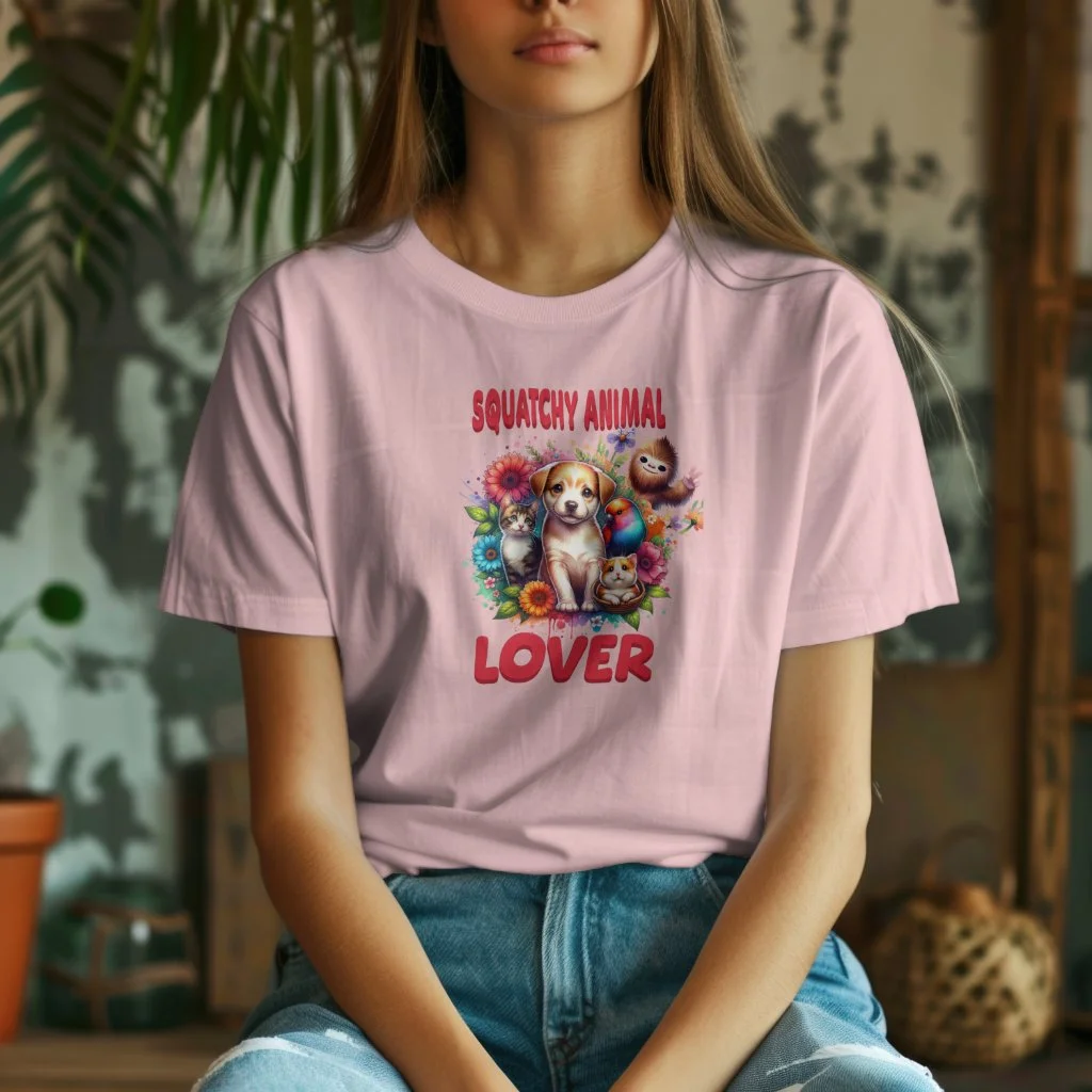 A woman wearing a pink T-shirt with a graphic print of a dog, a cat, a sloth, a parrot, and flowers, with the text 'Squatchy Animal Lover'.
