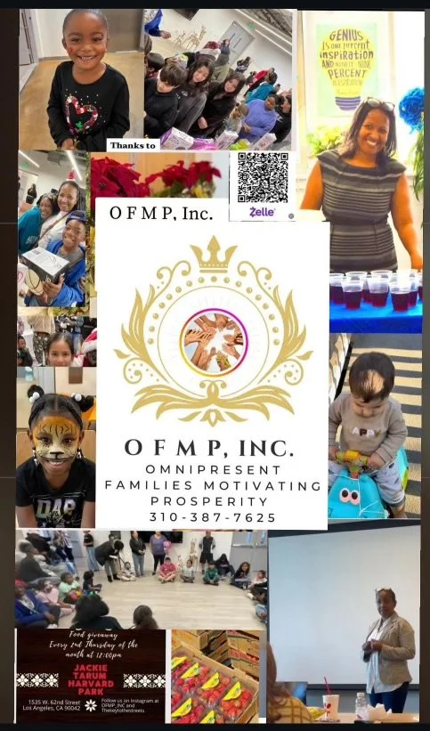 A collage of photos from a community event featuring children and adults. The center displays the logo and information for OFMP, Inc., an organization dedicated to motivating families. Photos include children smiling, receiving awards, a woman at a booth, children in a classroom, a person with face paint, and a food giveaway.