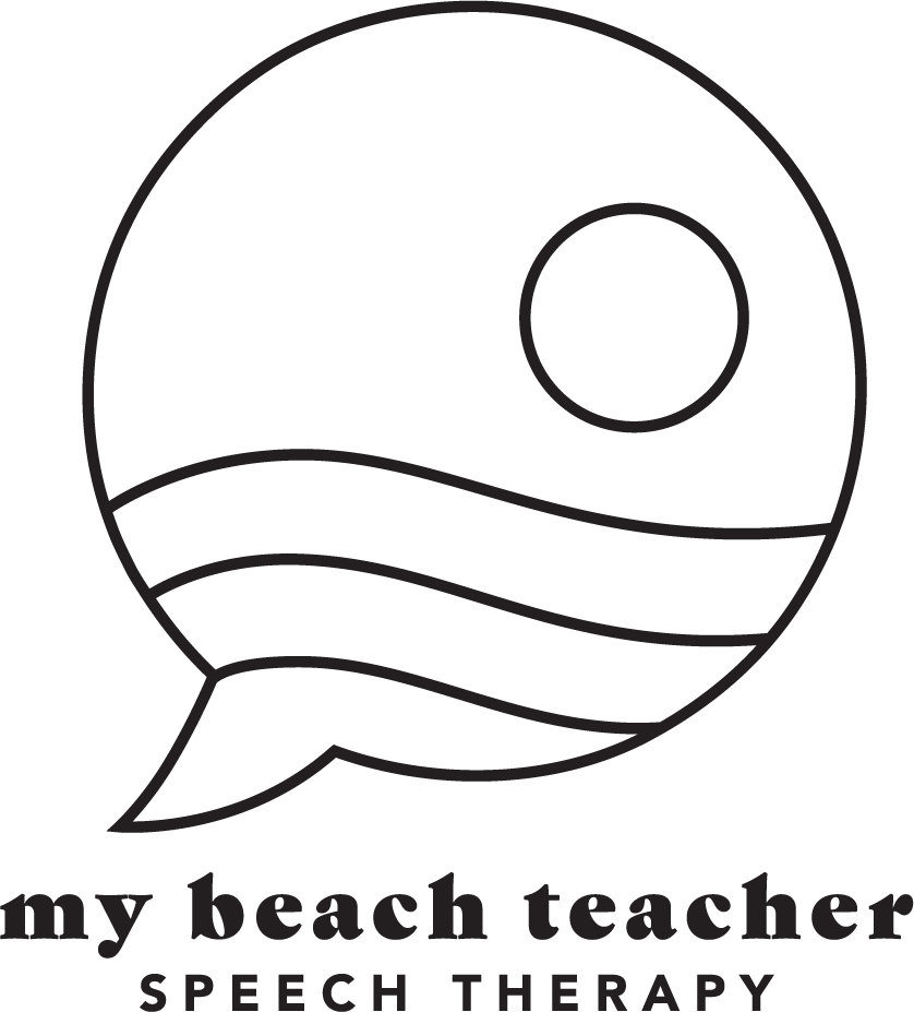 logo of a speech bubble with waves and sun with private practice name My Beach Teacher Speech Therapy below