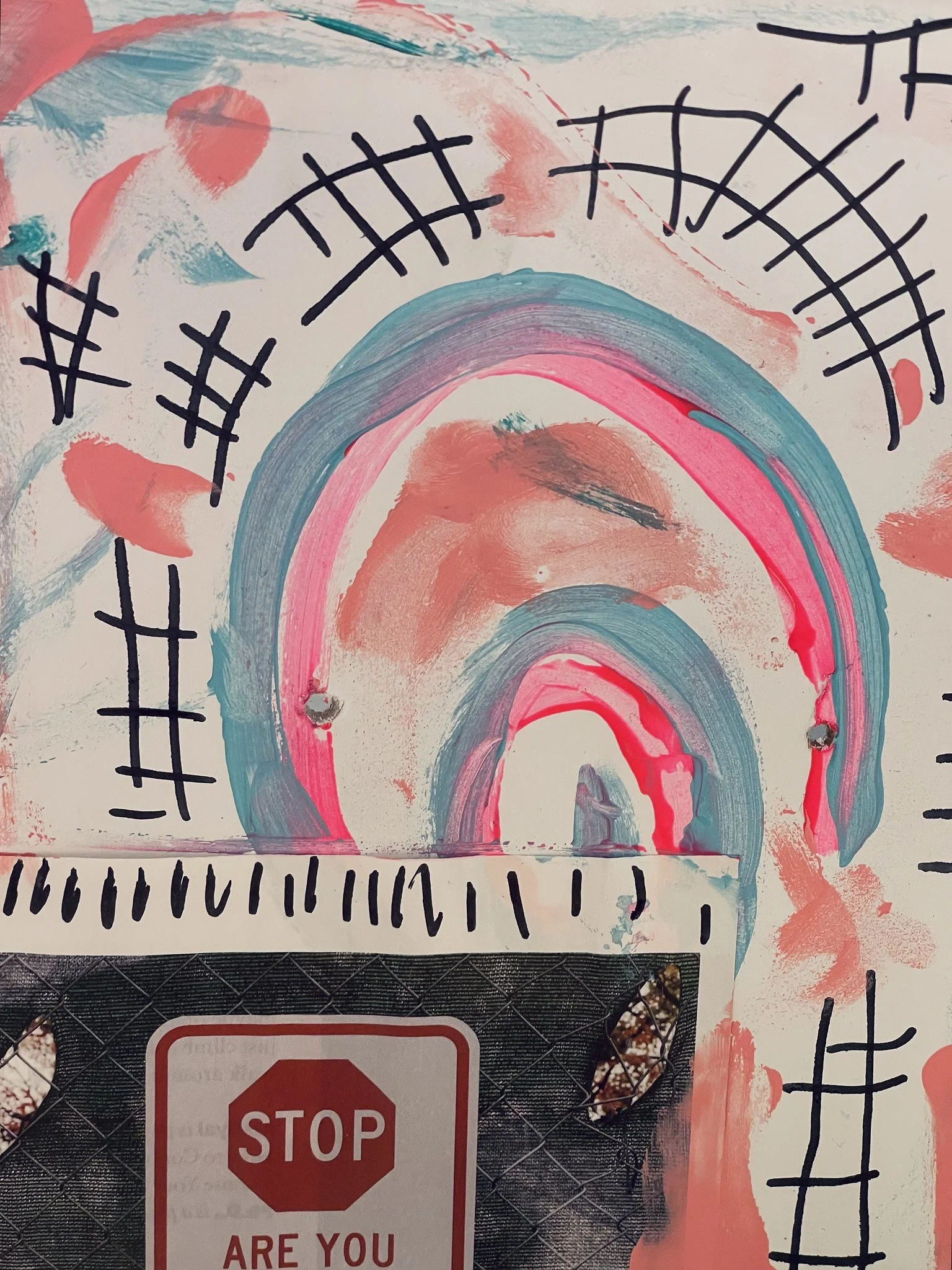 A documentation photo from Amanda Rose's Waystation Generation piece featuring bright paint smears and marker lines on a white background with a cut-out picture of a stop sign beneath