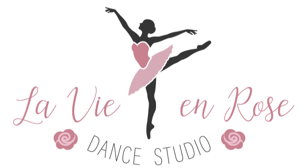 Logo for La Vie en Rose Dance Studio with a ballerina silhouette and pink roses.