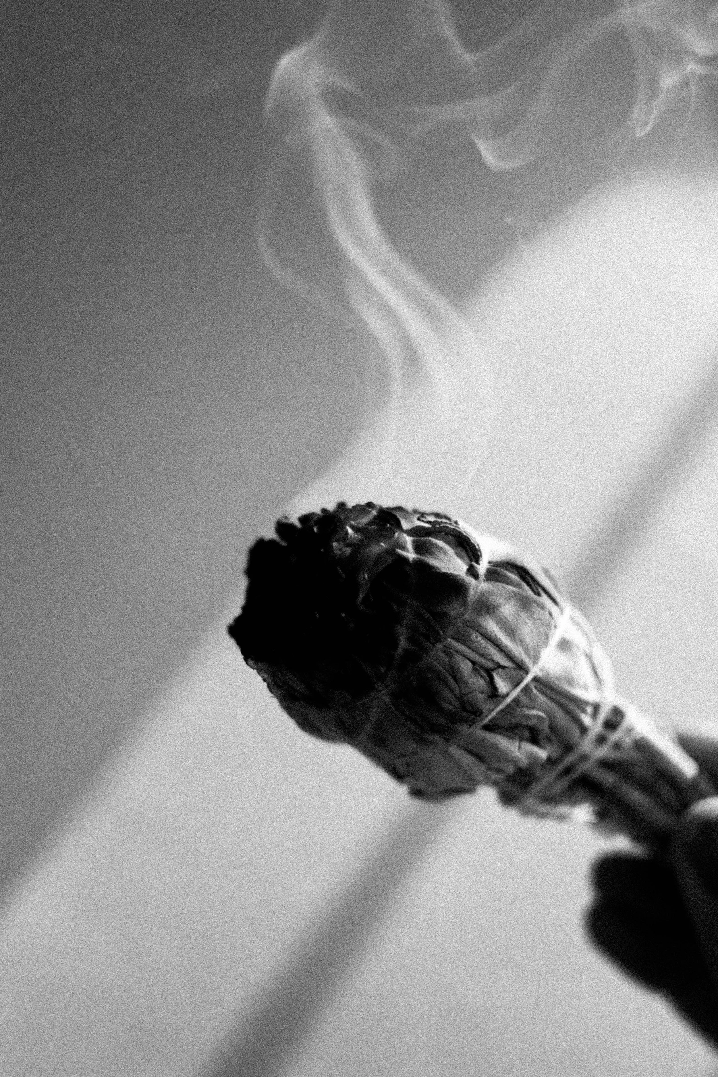 Close-up of a lit blackened matchstick with wisps of smoke rising from the flame end, in black and white.