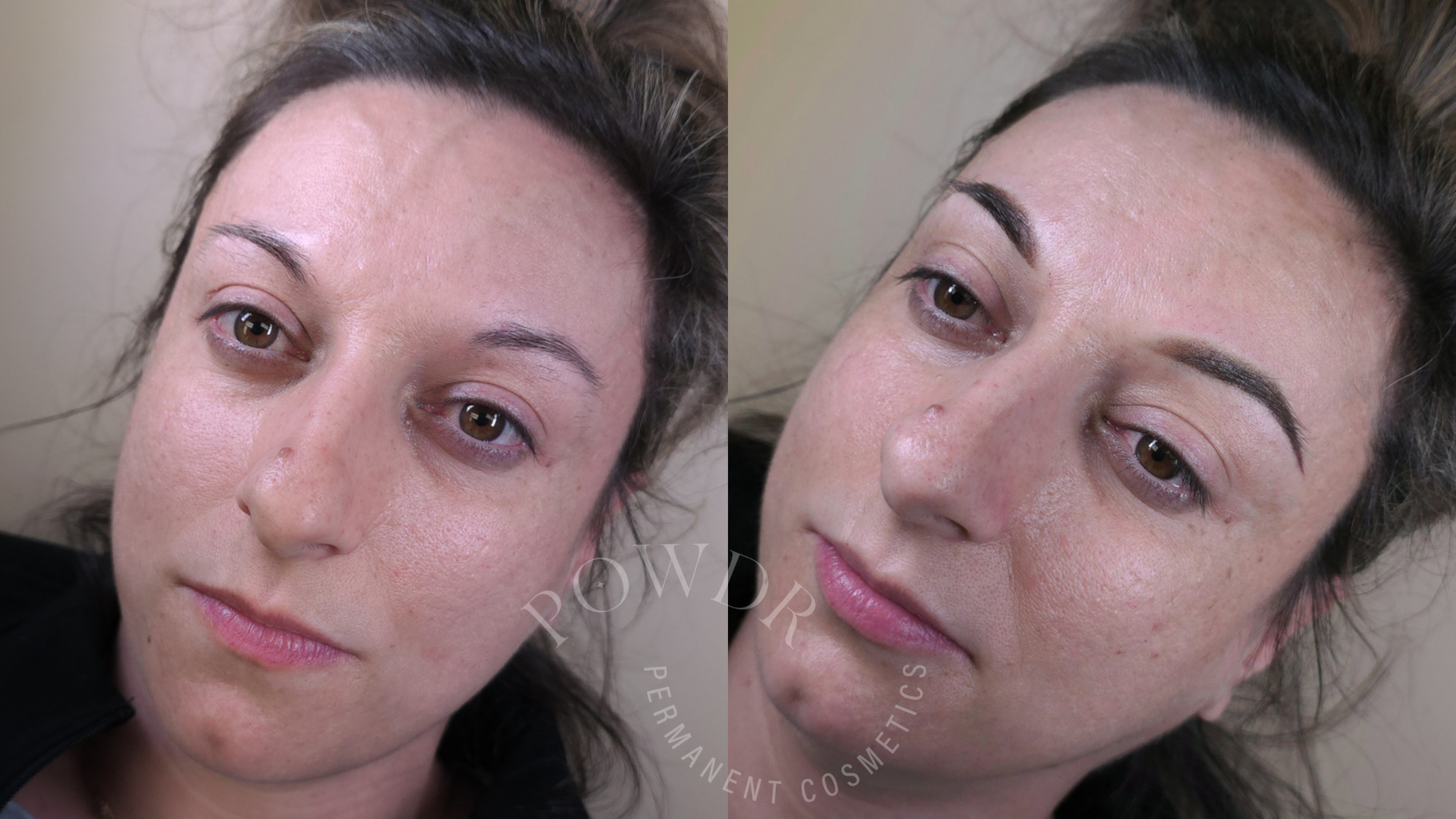 Dark brunette powder ombre brows.