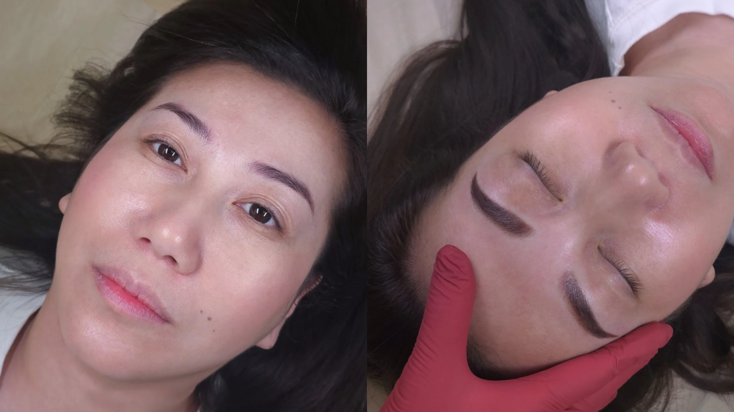 dark brunette brow tattoo over a very faded old microblading and powder brow work.