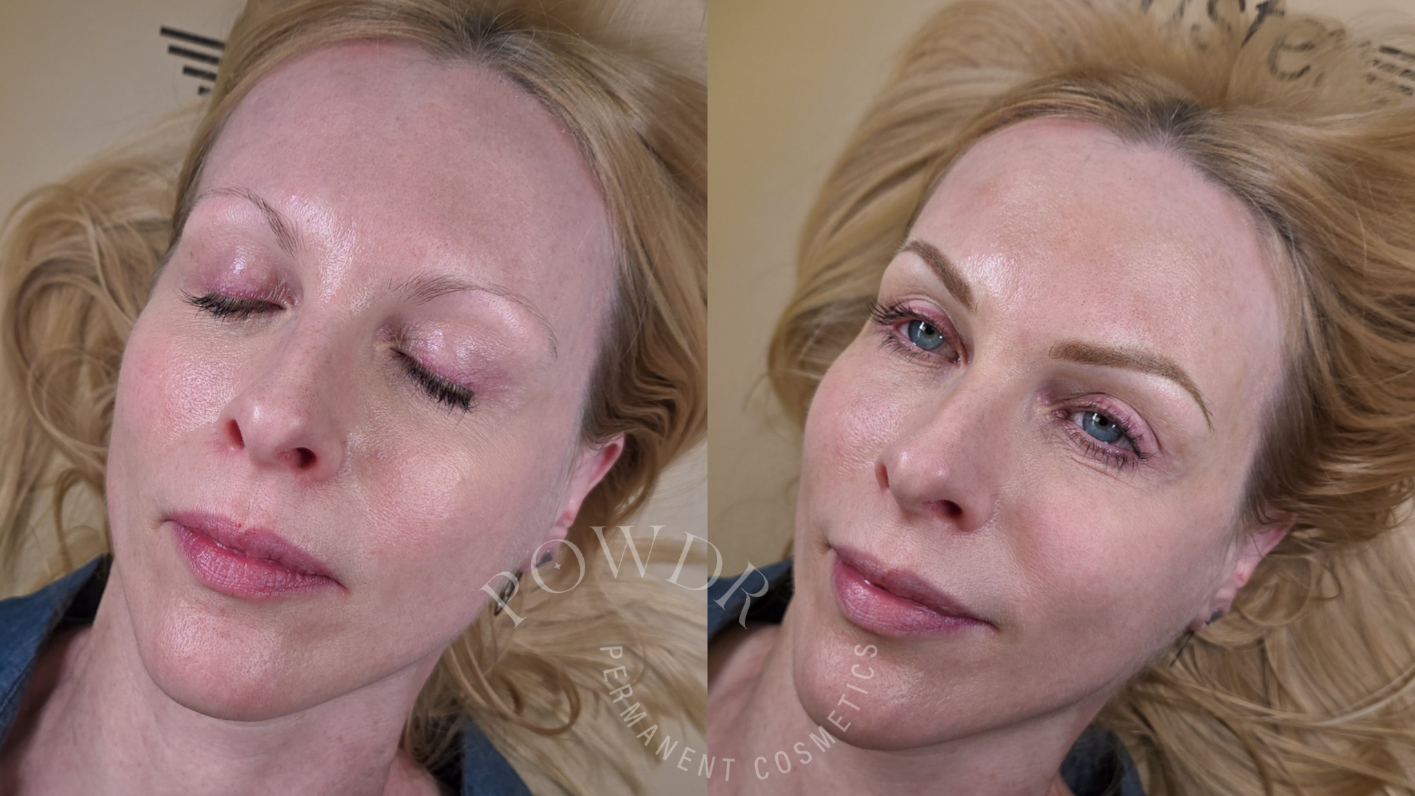 Dark blonde powder ombre brows, before and after.