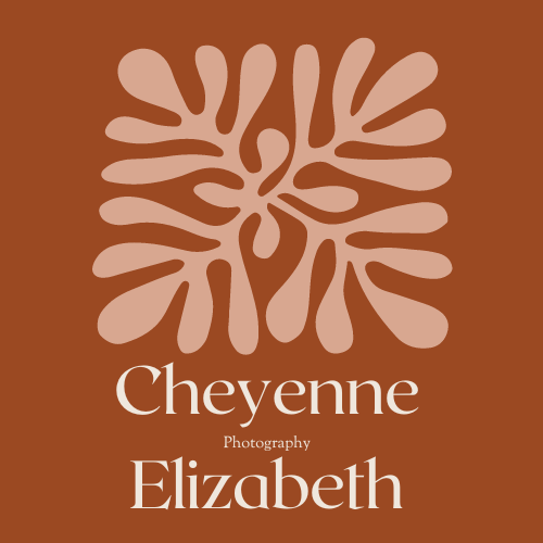 Logo with abstract beige shape on a brown background and the text 'Cheyenne Photography Elizabeth'.