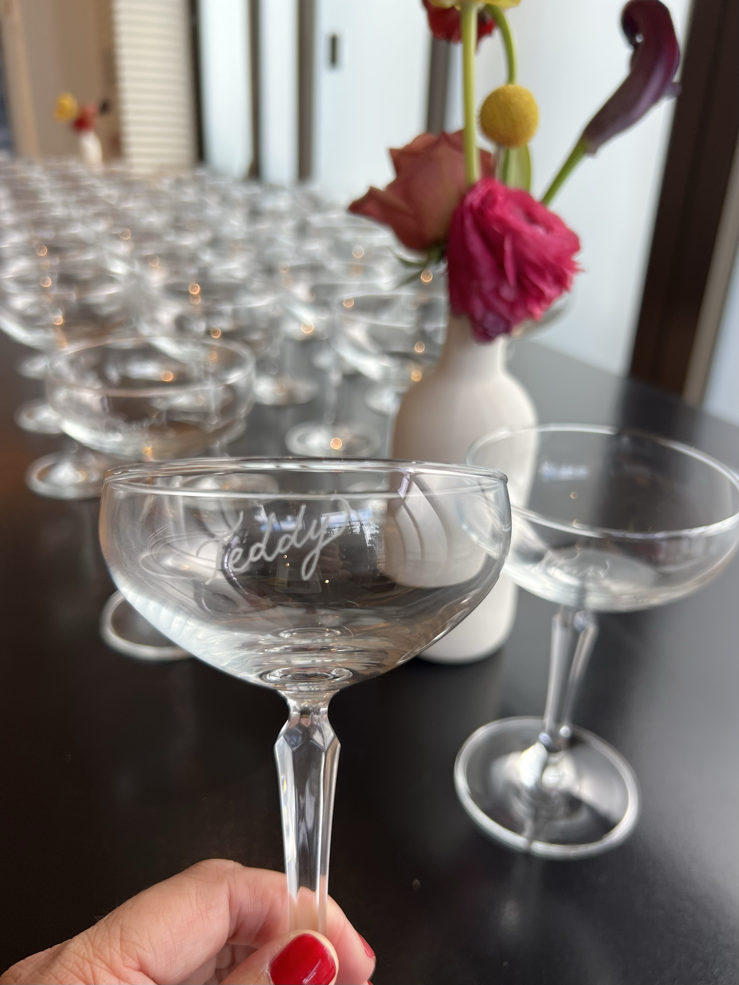 Jina Koh Calligraphy engraver Orange County Champagne glass coupe Pendry Duchenne.png