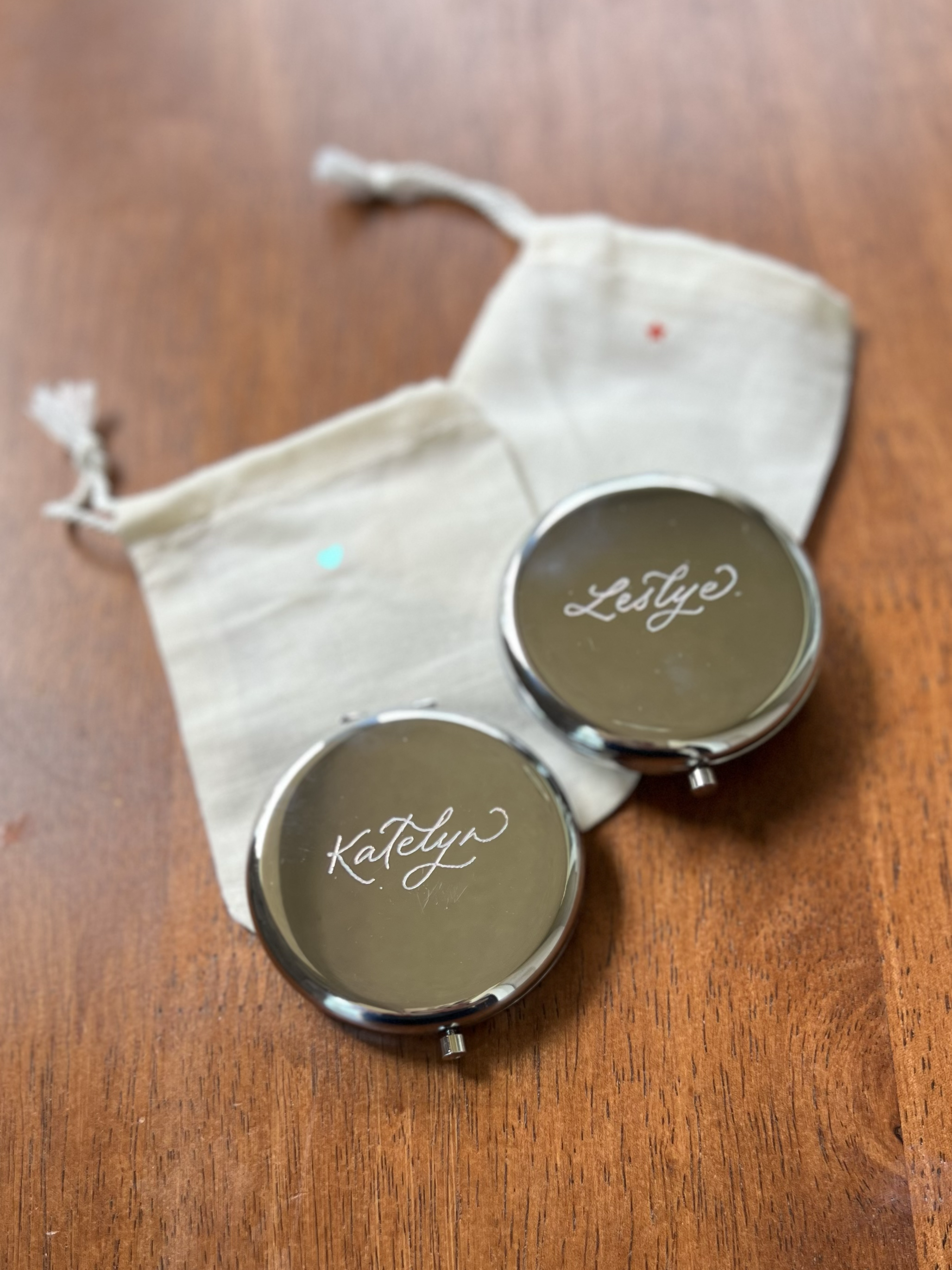 compact mirror engraving Jina Koh Calligraphy bride wedding Orange County