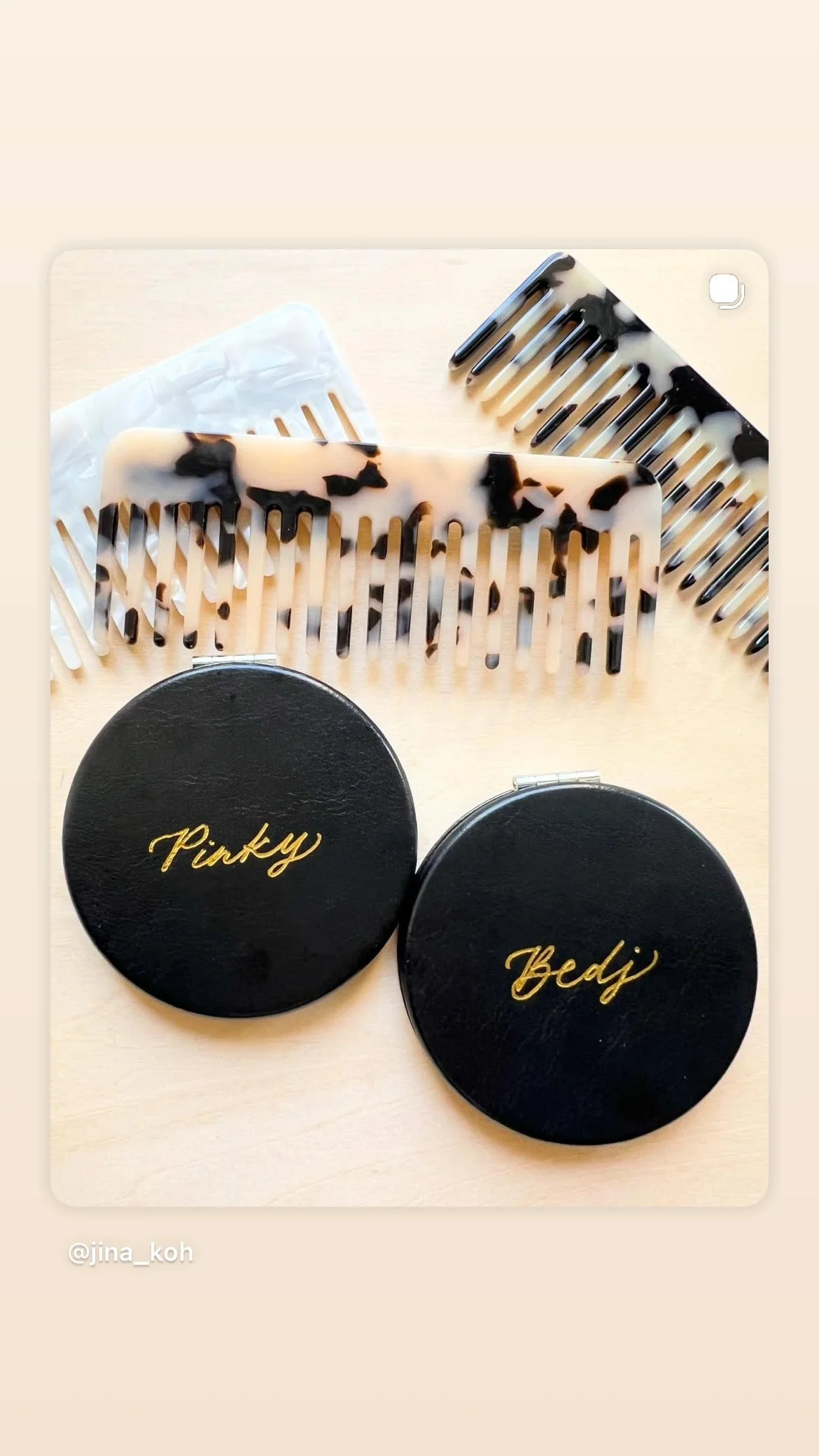 engraved mirror hot foil compact mirror Jina Koh Calligraphy Orange County engraver