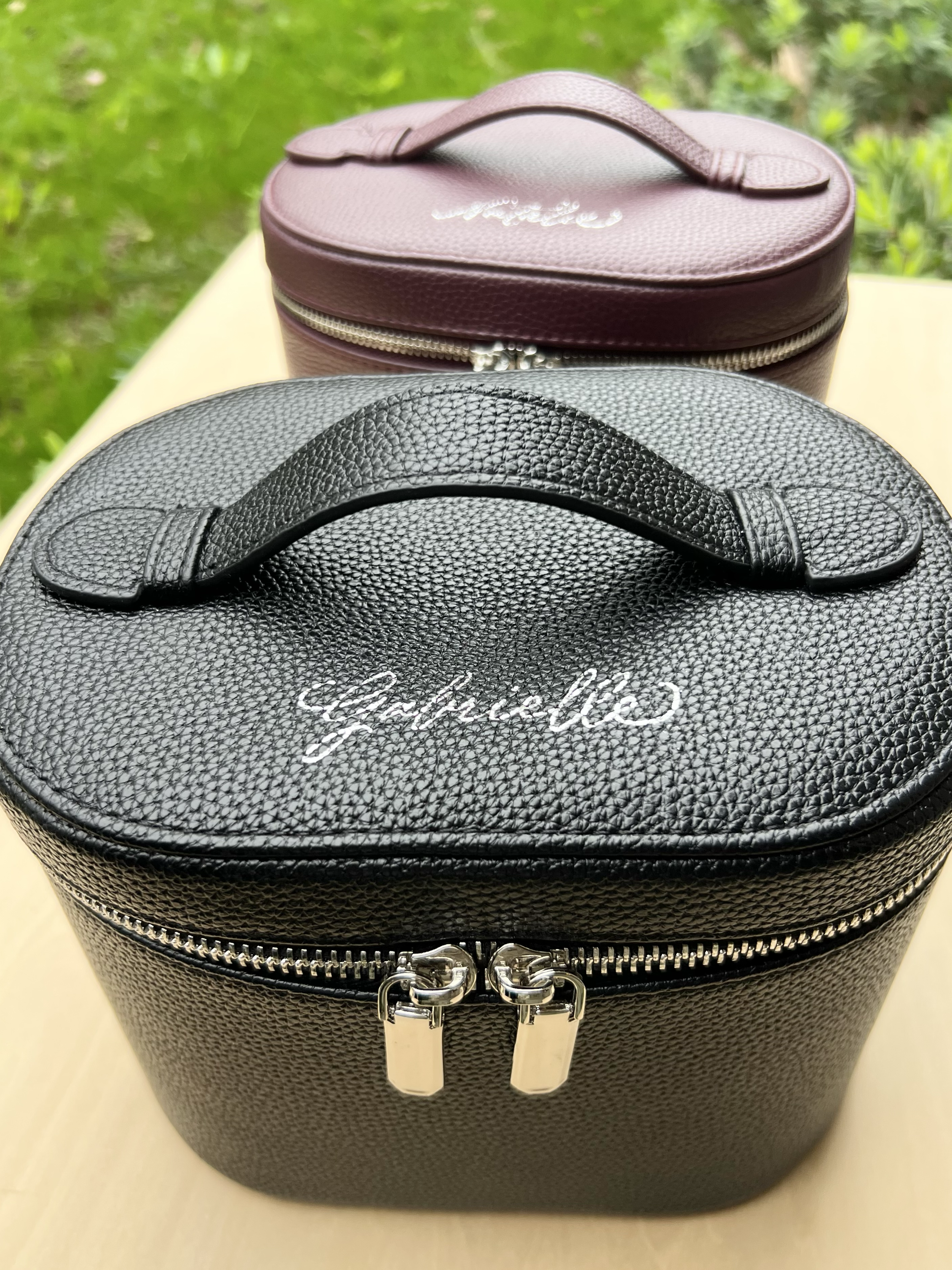 makeup bag hot foiling Jina Koh Calligraphy Orange County engraver