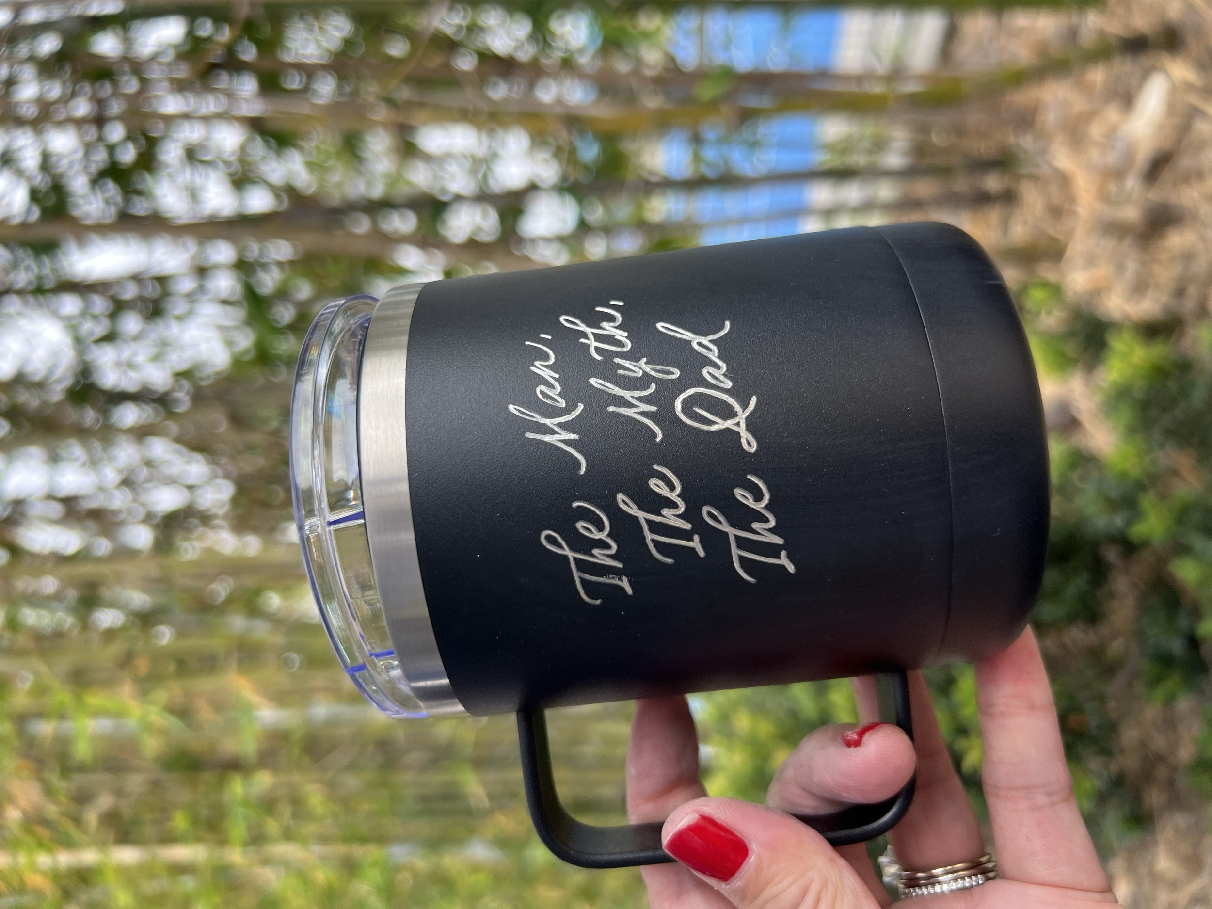 powder coated water mug hand engraving Jina Koh calligraphy So Cal engraver
