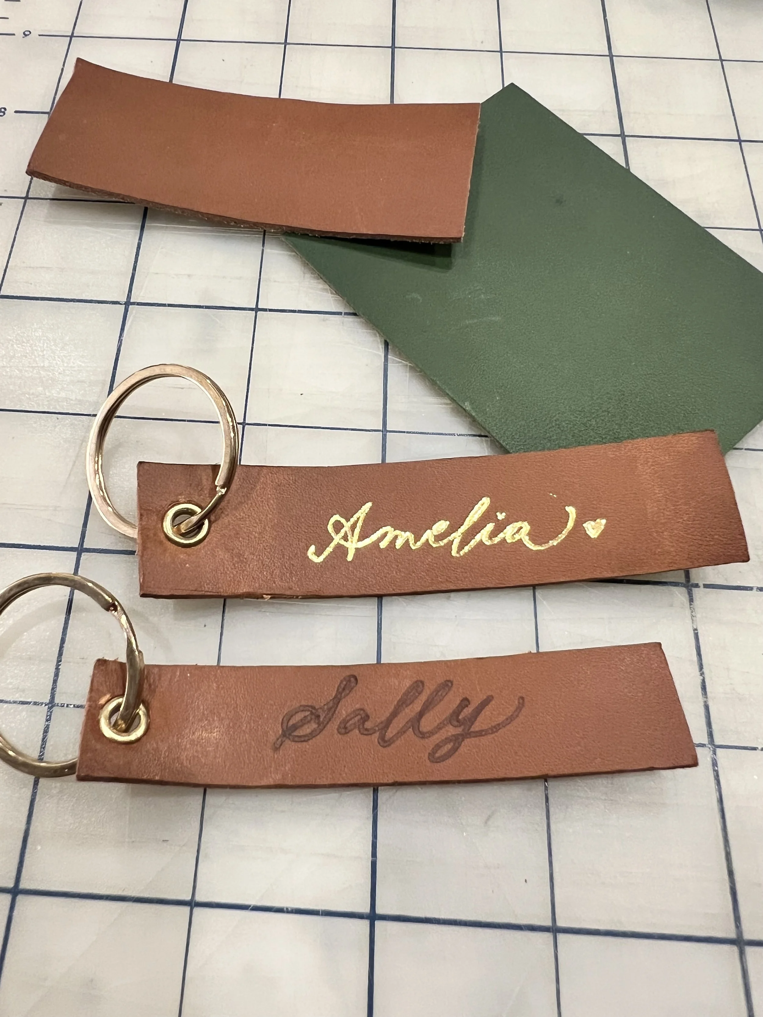 leather debossing hot foiling key chain strap Jina Koh calligraphy Orange County engraver