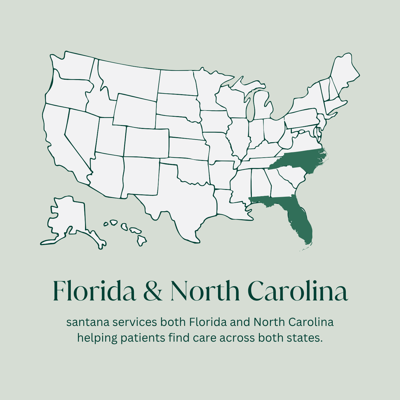 Map of the United States highlighting Florida and North Carolina in dark green. Text underneath reads "Florida & North Carolina" with a subtext about Santana services helping patients find care across both states.