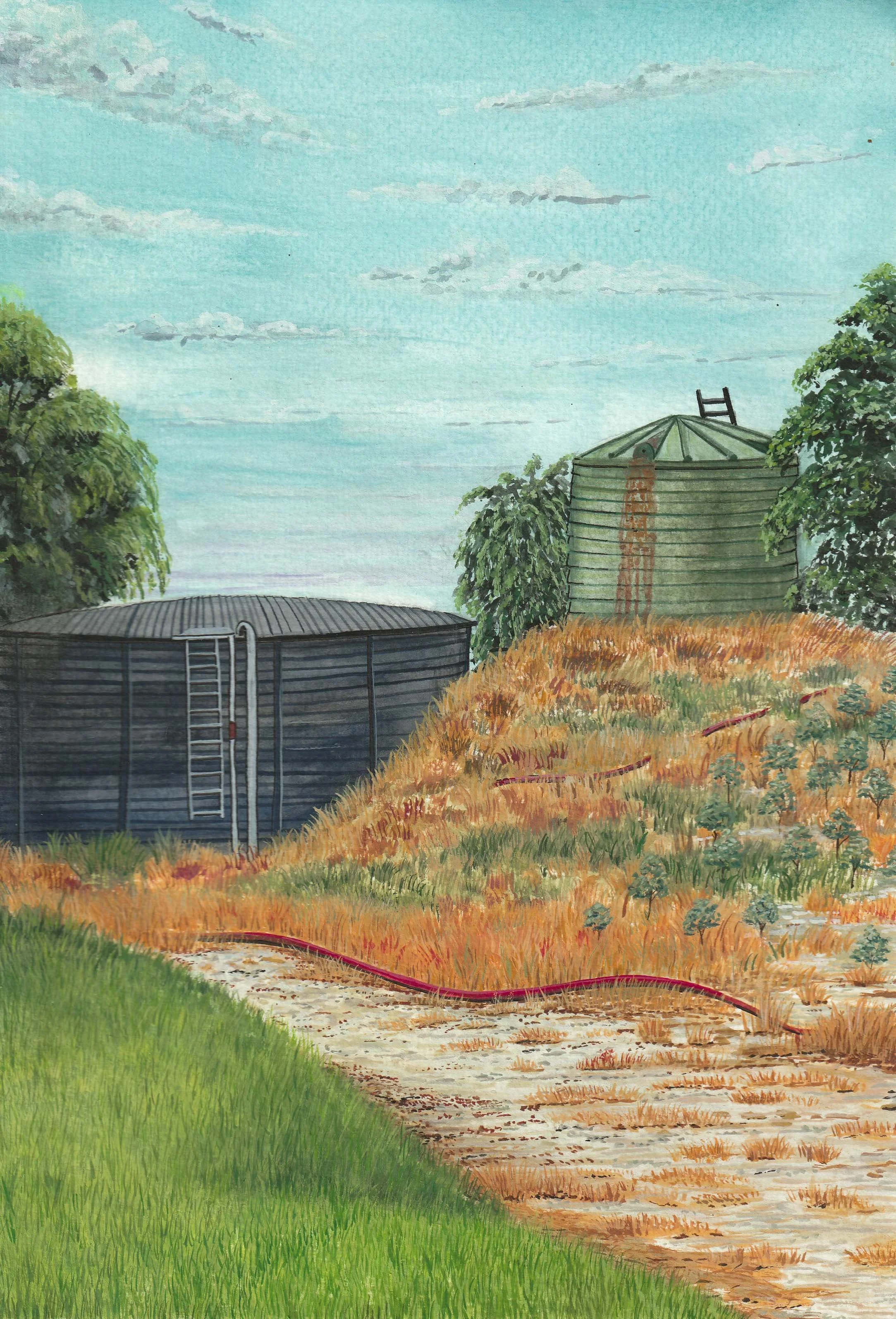 Fine art gouache and ink painting of rainwater tanks in Margaret River